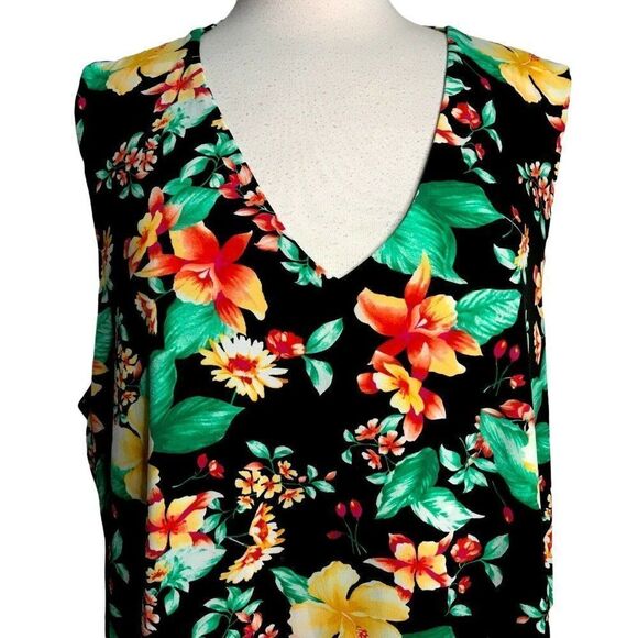 Rafaella Womens Bold Black Floral V-Neck Top 2X Hi-Low Sleeveless Pullover NEW - Picture 4 of 8